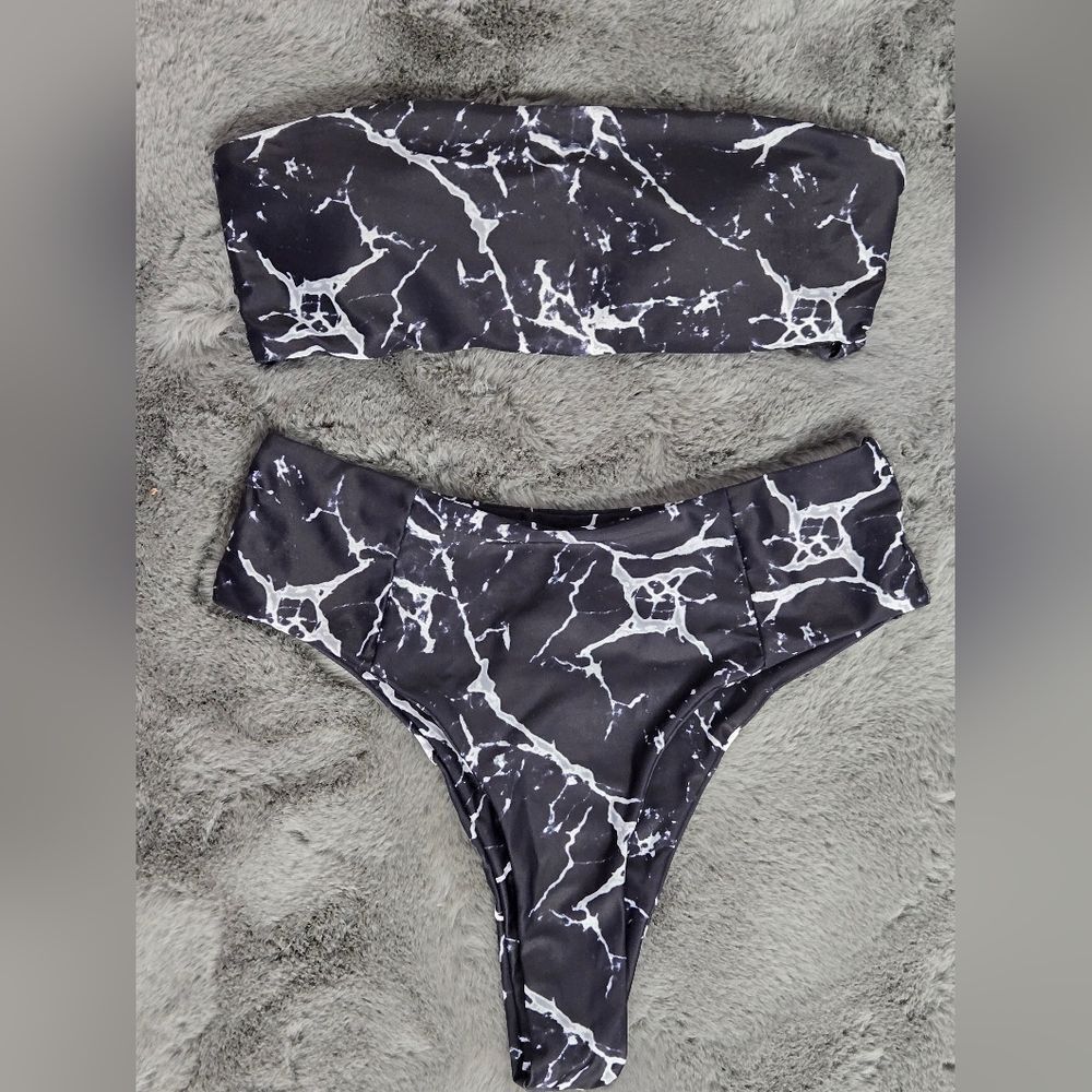 Zaful Marble Print Bikini Set Bandea Top High Waist Cheeky Bottoms Sz Medium